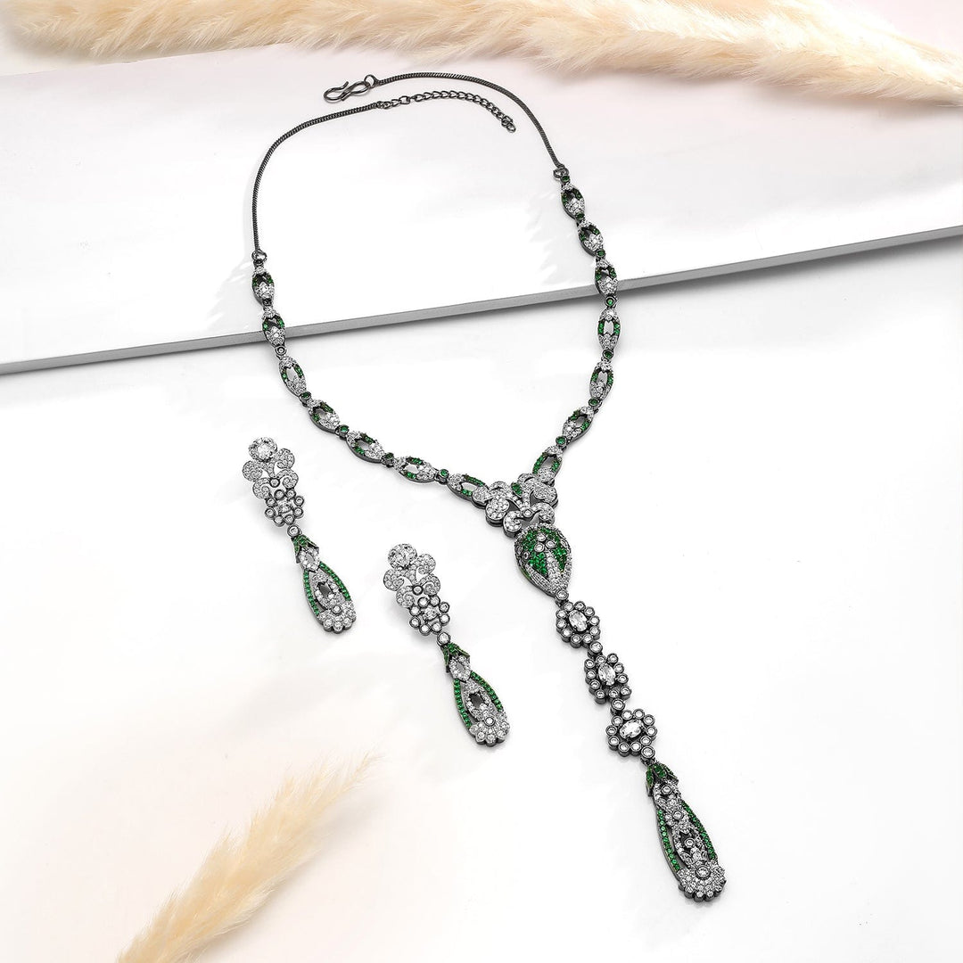 Rubans Silver-Plated Emerald Green & AAA Cubic Zirconia Studded Drop Necklace Set with Floral Detailing Necklace Set