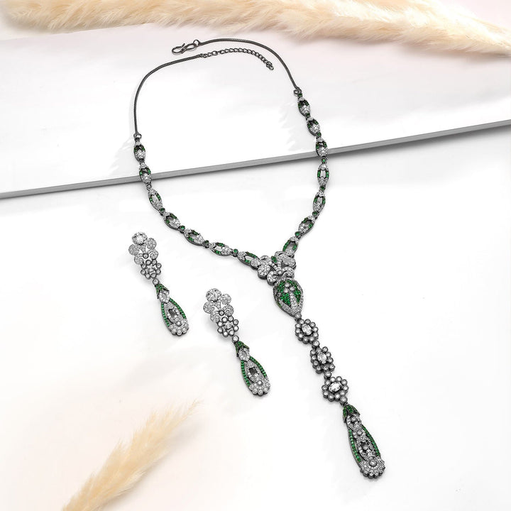 Rubans Silver-Plated Emerald Green & AAA Cubic Zirconia Studded Drop Necklace Set with Floral Detailing Necklace Set