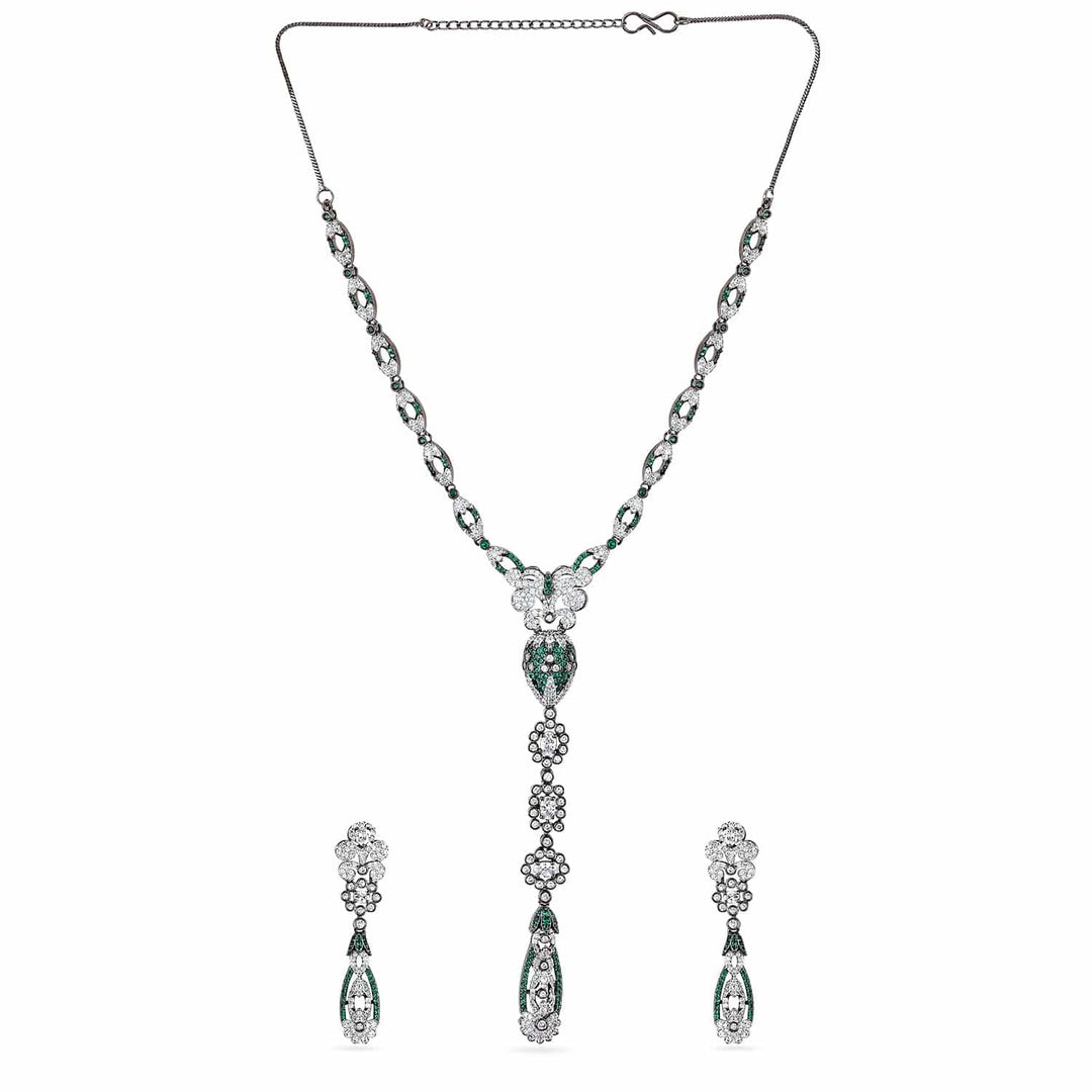 Rubans Silver-Plated Emerald Green & AAA Cubic Zirconia Studded Drop Necklace Set with Floral Detailing Necklace Set