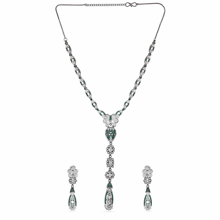 Rubans Silver-Plated Emerald Green & AAA Cubic Zirconia Studded Drop Necklace Set with Floral Detailing Necklace Set