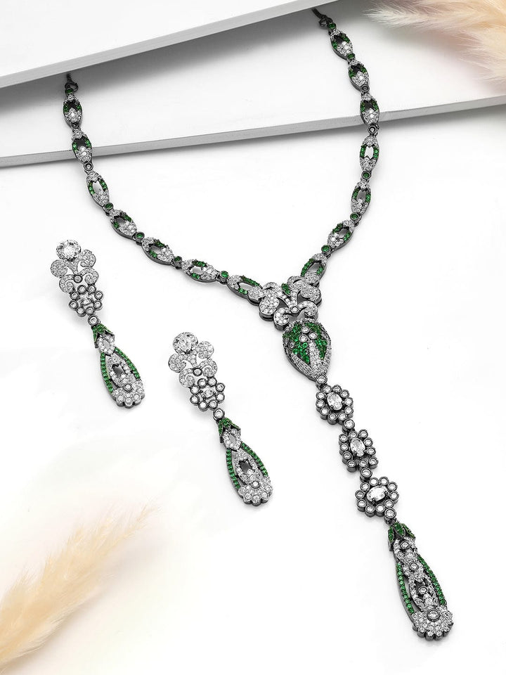 Rubans Silver-Plated Emerald Green & AAA Cubic Zirconia Studded Drop Necklace Set with Floral Detailing Necklace Set