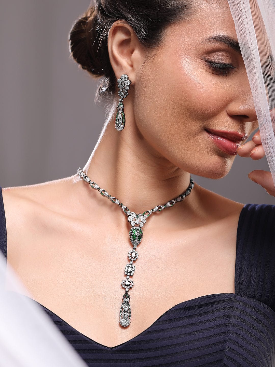 Rubans Silver-Plated Emerald Green & AAA Cubic Zirconia Studded Drop Necklace Set with Floral Detailing Necklace Set