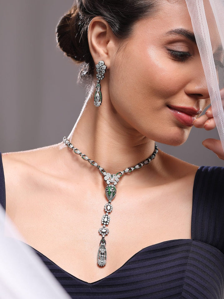 Rubans Silver-Plated Emerald Green & AAA Cubic Zirconia Studded Drop Necklace Set with Floral Detailing Necklace Set