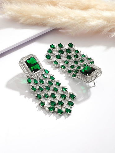 Rubans Silver-Plated Emerald Green & Cubic Zirconia Studded Luxurious Statement Multilayer Jewellery Set Jewellery Set