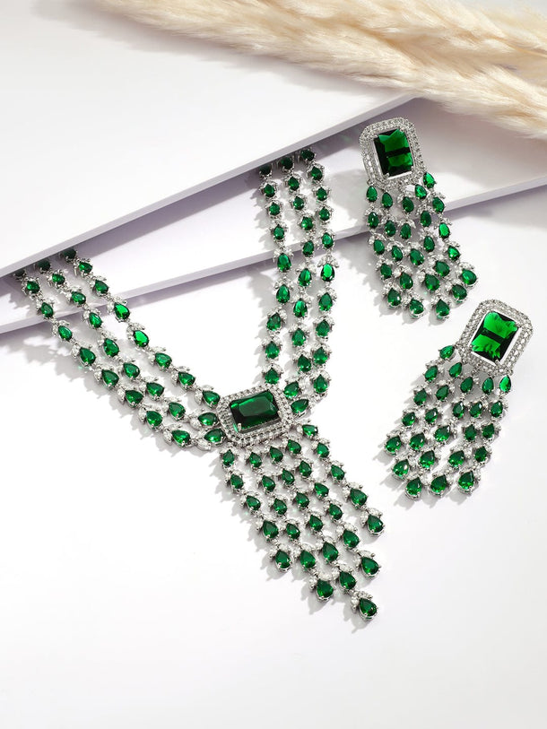 Rubans Silver-Plated Emerald Green & Cubic Zirconia Studded Luxurious Statement Multilayer Jewellery Set Jewellery Set