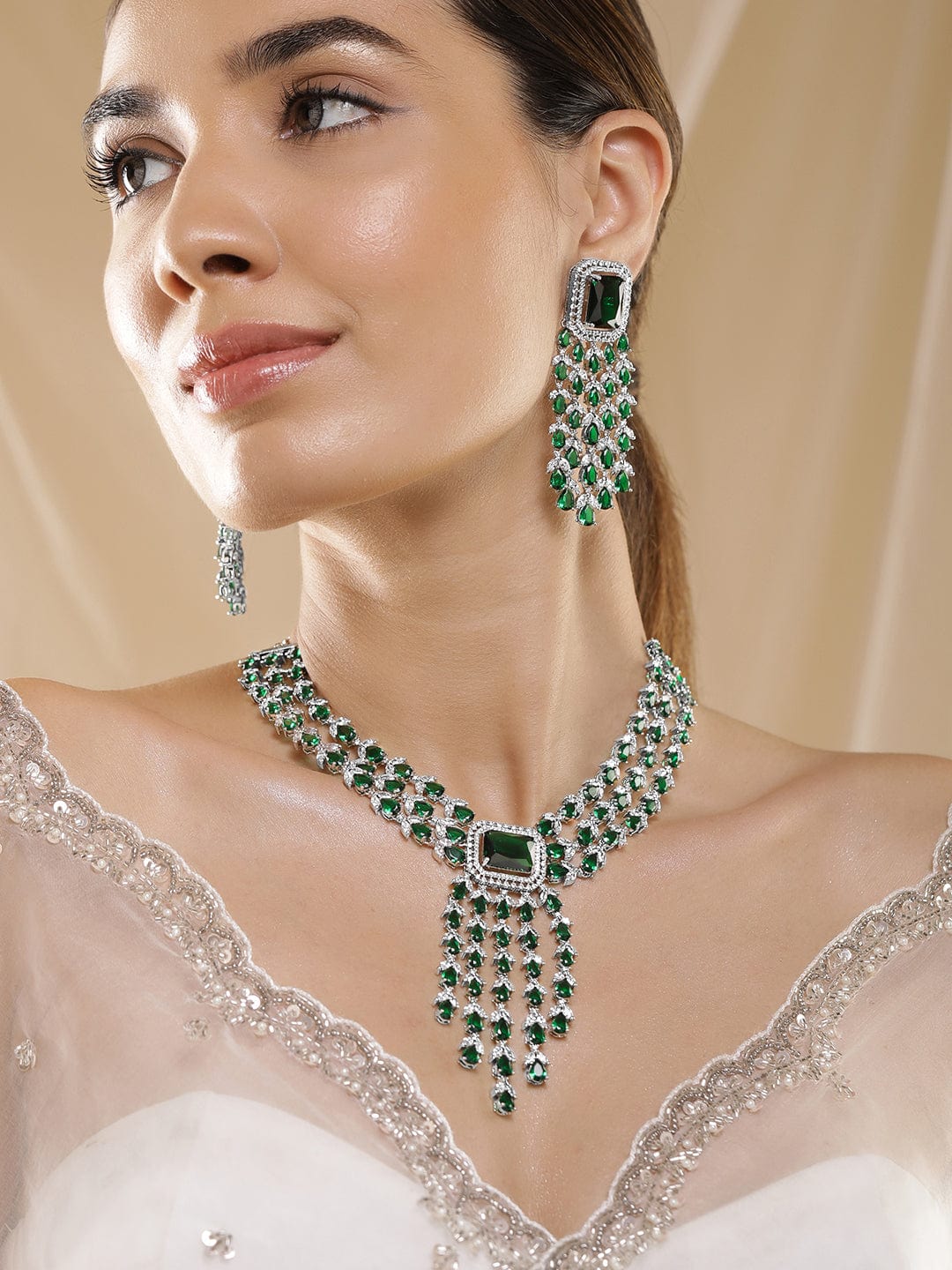 Rubans Silver-Plated Emerald Green & Cubic Zirconia Studded Luxurious Statement Multilayer Jewellery Set Necklace Set