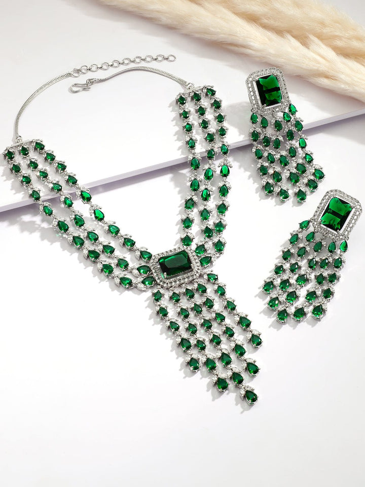 Rubans Silver-Plated Emerald Green & Cubic Zirconia Studded Luxurious Statement Multilayer Jewellery Set Necklace Set