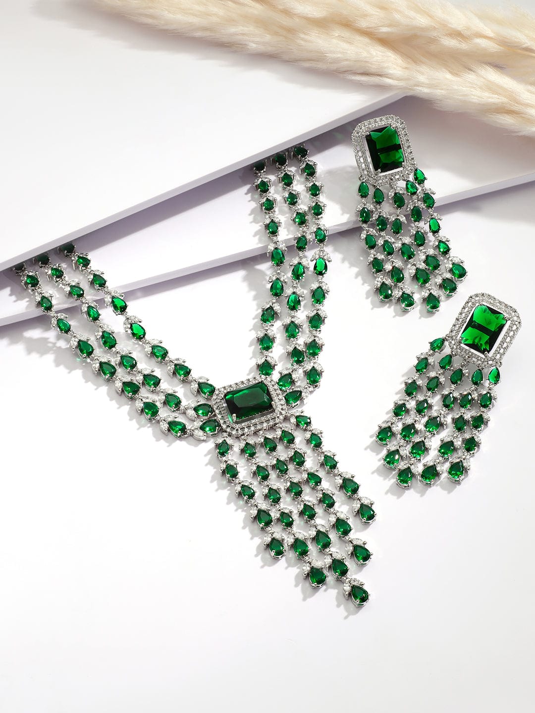 Rubans Silver-Plated Emerald Green & Cubic Zirconia Studded Luxurious Statement Multilayer Jewellery Set Necklace Set