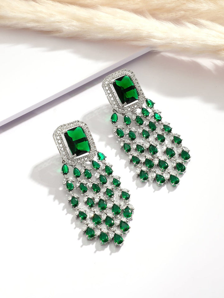 Rubans Silver-Plated Emerald Green & Cubic Zirconia Studded Luxurious Statement Multilayer Jewellery Set Necklace Set