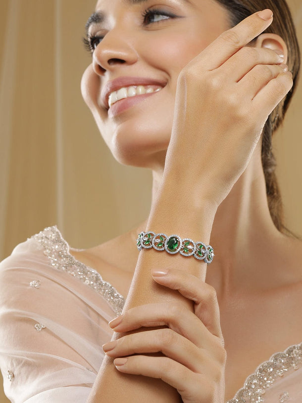 Rubans Silver-Plated Emerald Green & Cubic Zirconia Studded Premium Bracelet Bracelet