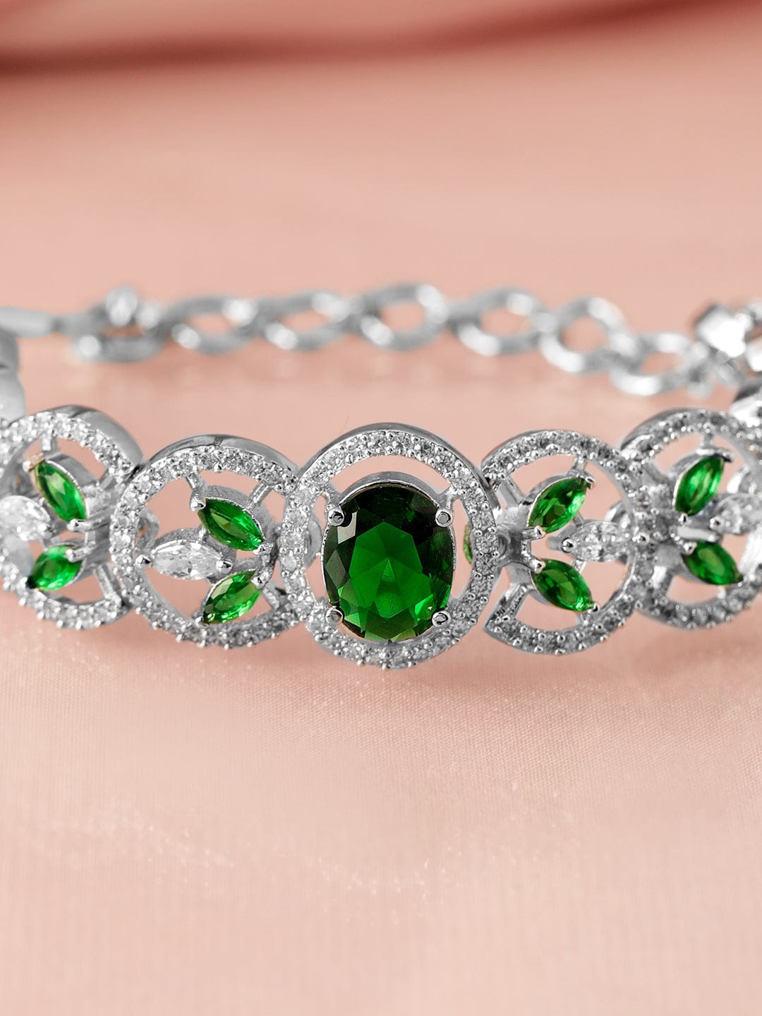 Rubans Silver-Plated Emerald Green & Cubic Zirconia Studded Premium Bracelet Bracelet