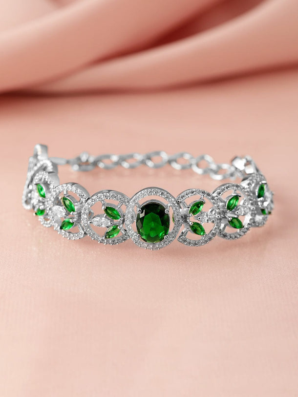 Rubans Silver-Plated Emerald Green & Cubic Zirconia Studded Premium Bracelet Wristwear