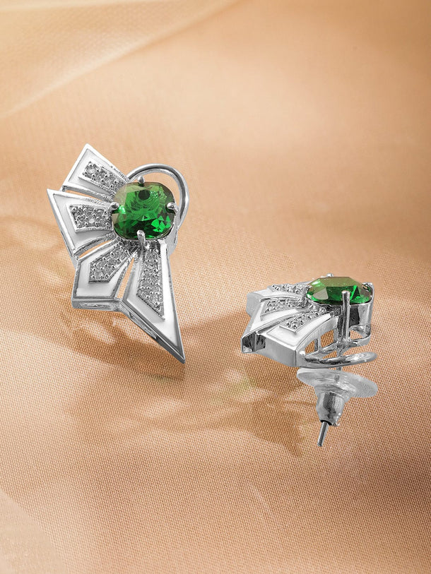 Rubans Silver-Plated Emerald Green & Cubic Zirconia Studded Statement Stud Earrings Earrings
