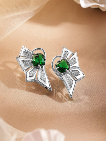 Rubans Silver-Plated Emerald Green & Cubic Zirconia Studded Statement Stud Earrings Earrings