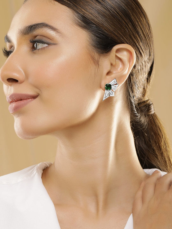 Rubans Silver-Plated Emerald Green & Cubic Zirconia Studded Statement Stud Earrings Stud Earrings