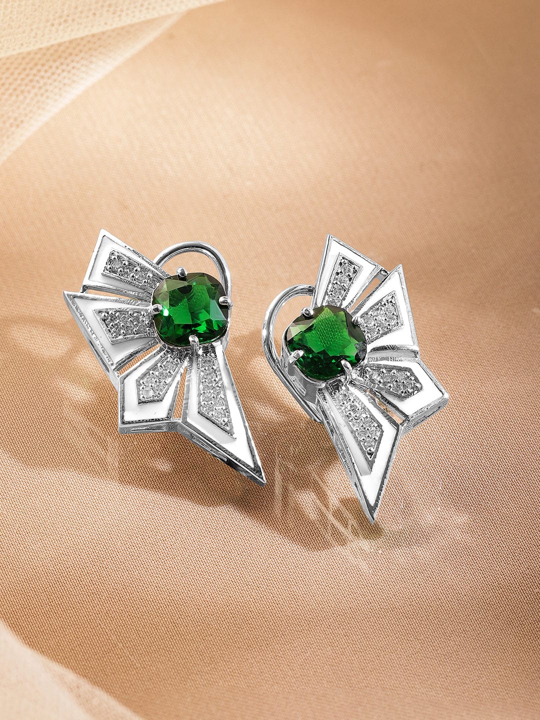 Rubans Silver-Plated Emerald Green & Cubic Zirconia Studded Statement Stud Earrings Stud Earrings