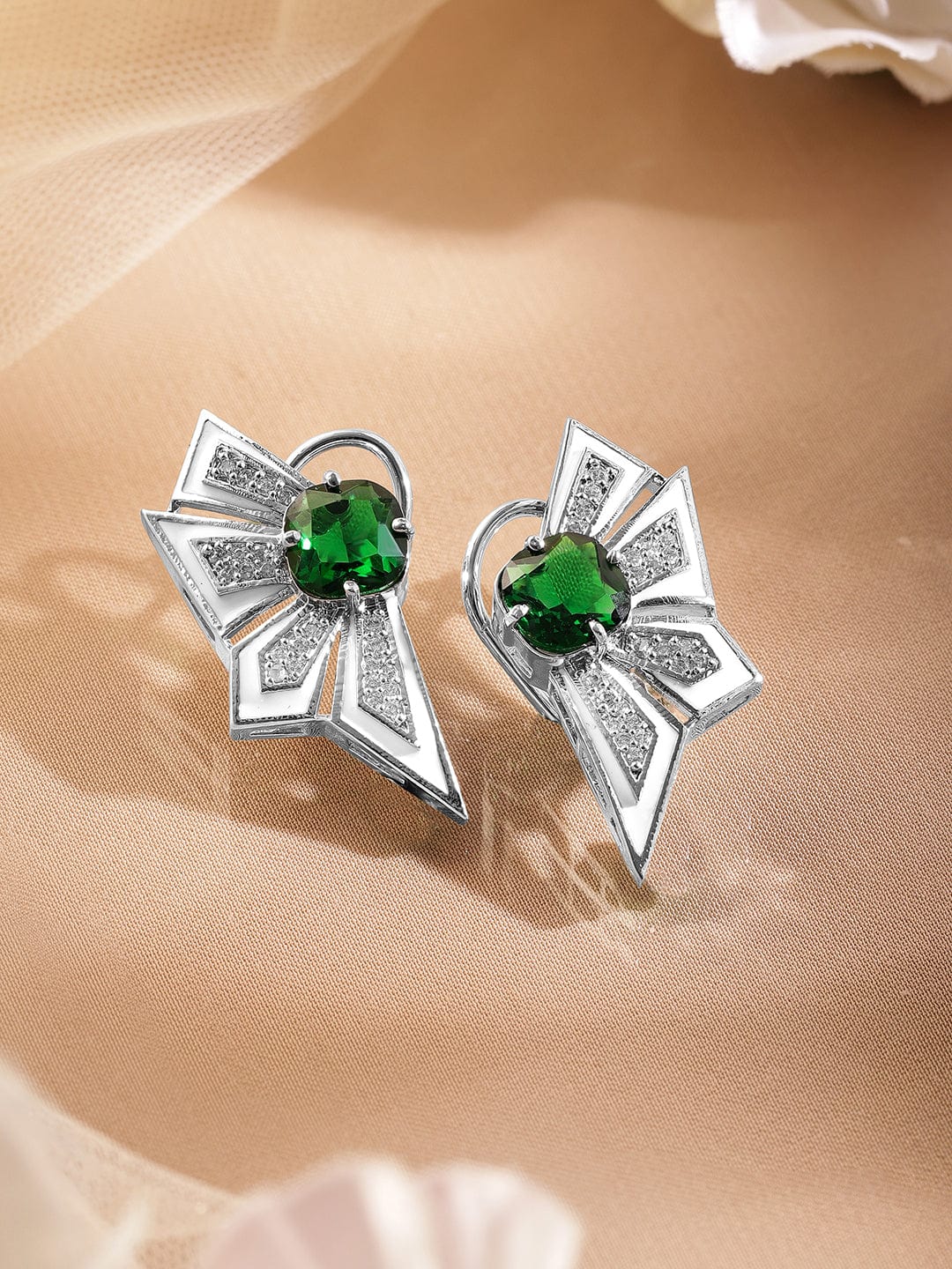 Rubans Silver-Plated Emerald Green & Cubic Zirconia Studded Statement Stud Earrings Stud Earrings