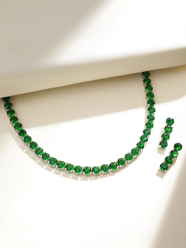 Rubans Silver Plated Emerald Green Stone Studded Necklace Set Necklaces, Necklace Sets, Chains & Mangalsutra