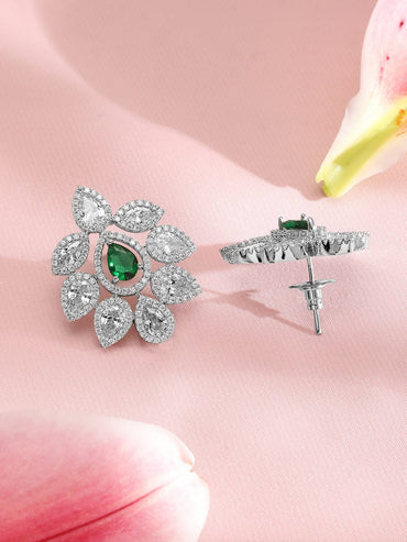 Rubans Silver-Plated Emerald Green & White Cubic Zirconia Studded Premium Jewellery Set Jewellery Set