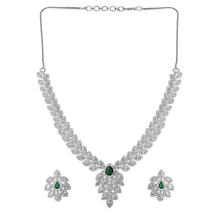 Rubans Silver-Plated Emerald Green & White Cubic Zirconia Studded Premium Jewellery Set Necklace Set