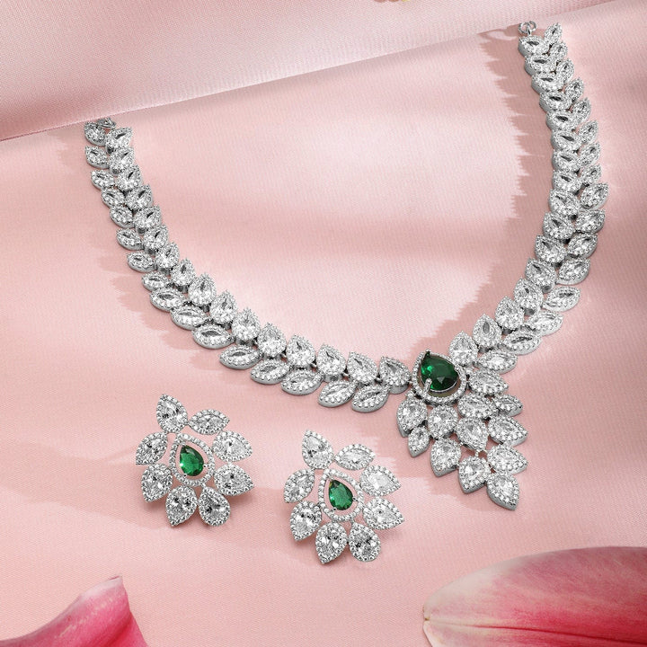 Rubans Silver-Plated Emerald Green & White Cubic Zirconia Studded Premium Jewellery Set Necklace Set