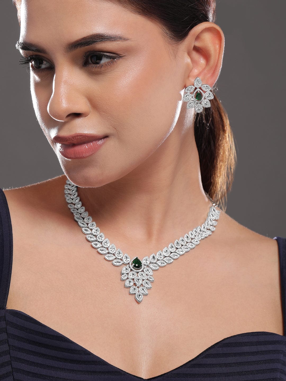 Rubans Silver-Plated Emerald Green & White Cubic Zirconia Studded Premium Jewellery Set Necklace Set