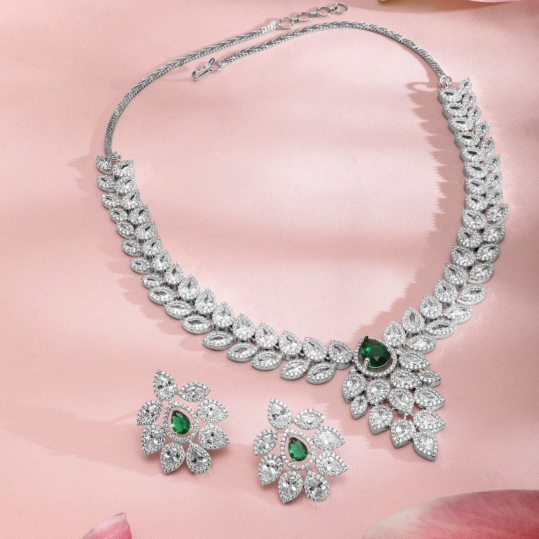 Rubans Silver-Plated Emerald Green & White Cubic Zirconia Studded Premium Jewellery Set Necklace Set