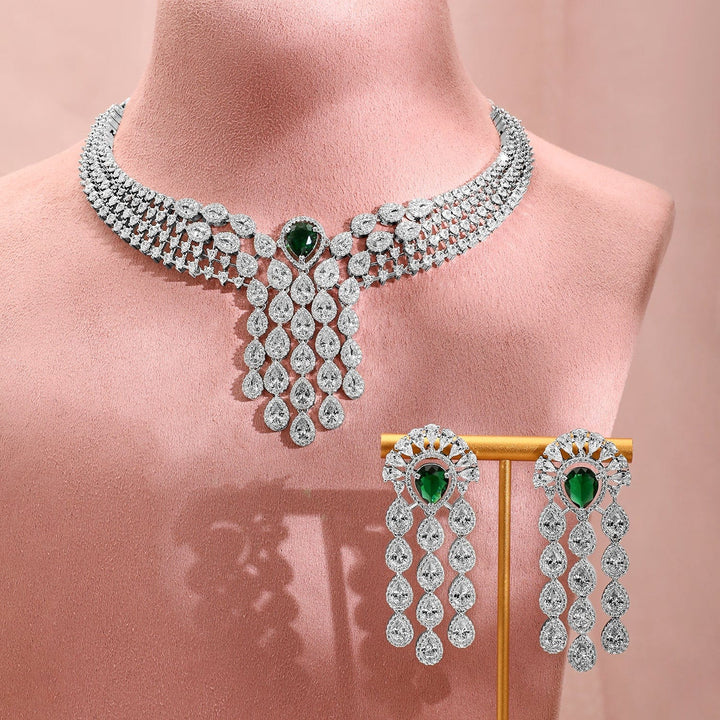 Rubans Silver-Plated EmeraldGreen & White CubicZirconia Multilayer Luxurious Jewellery Set Necklace Set