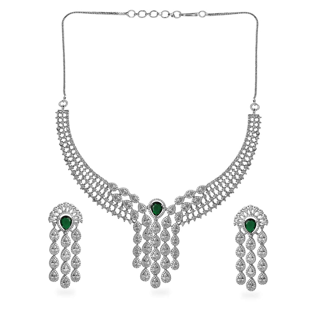 Rubans Silver-Plated EmeraldGreen & White CubicZirconia Multilayer Luxurious Jewellery Set Necklace Set