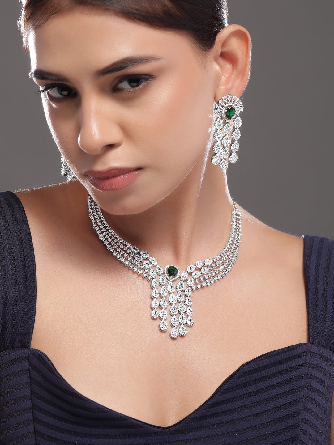 Rubans Silver-Plated EmeraldGreen & White CubicZirconia Multilayer Luxurious Jewellery Set Necklace Set