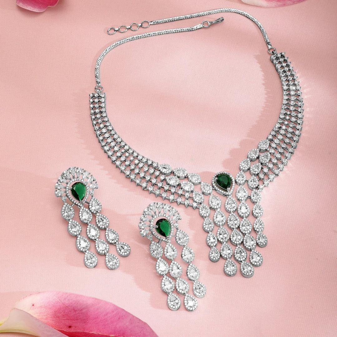 Rubans Silver-Plated EmeraldGreen & White CubicZirconia Multilayer Luxurious Jewellery Set Necklace Set