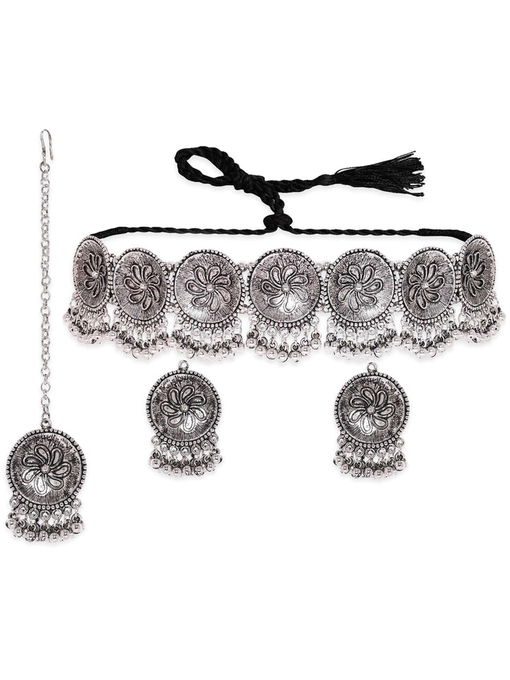 Rubans Silver Plated Ghungroo Beaded Floral Jewellery Set Jewellery Set