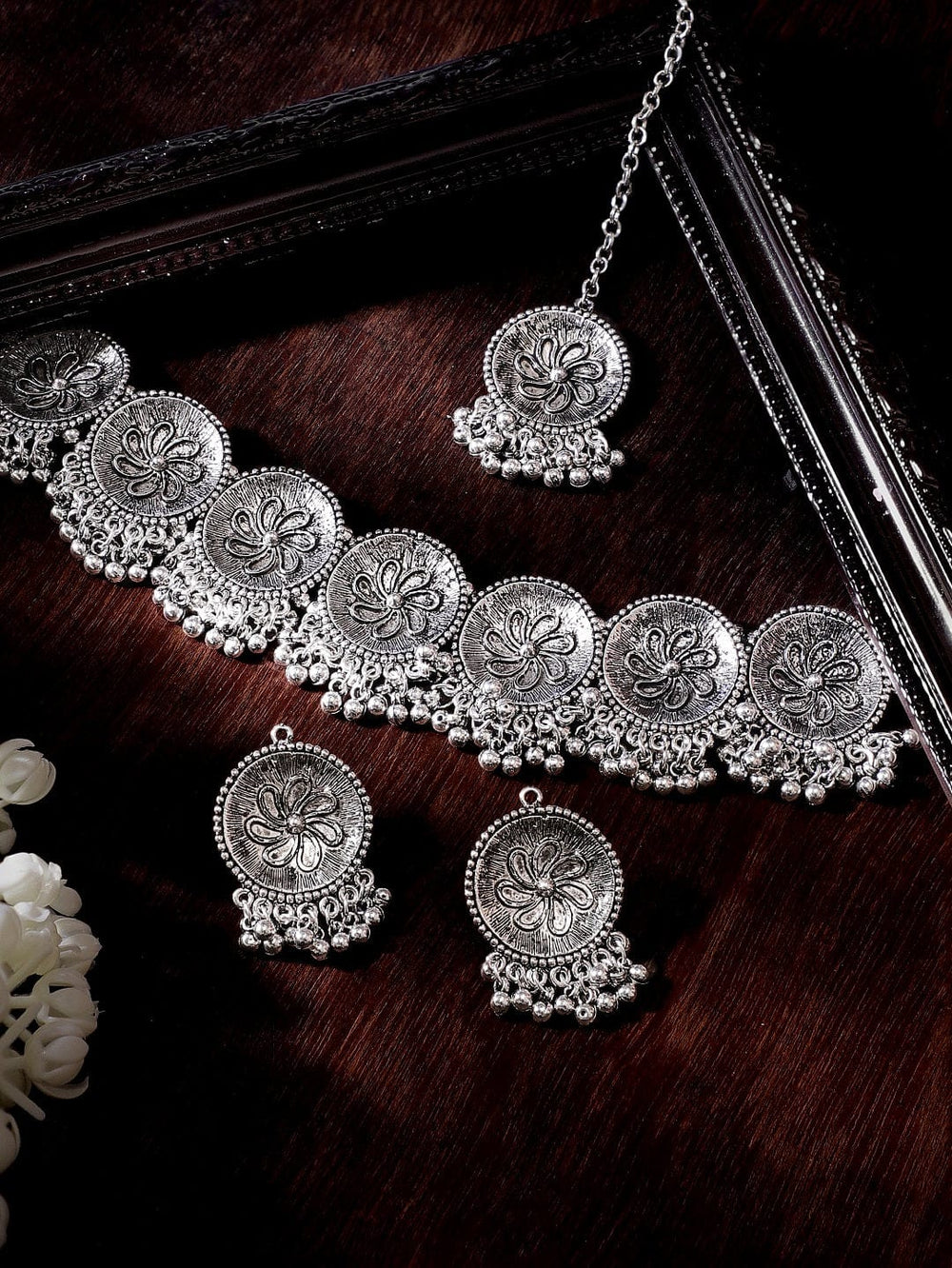 Rubans Silver Plated Ghungroo Beaded Floral Jewellery Set Jewellery Set