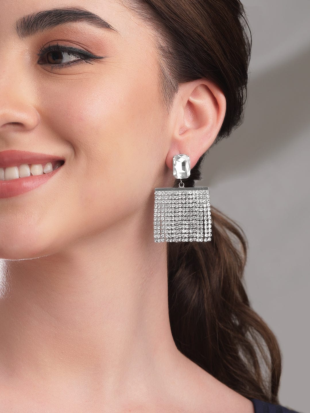 Rubans Silver-Plated Glamorous AD & Cubic Zirconia Studded Multilayered Drop Earrings Earrings