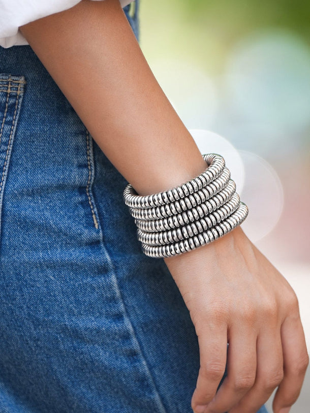 Rubans Silver-Plated Glossy Silver Beaded Multi-Layered Coiled Bracelet for Women Bangles & Bracelet