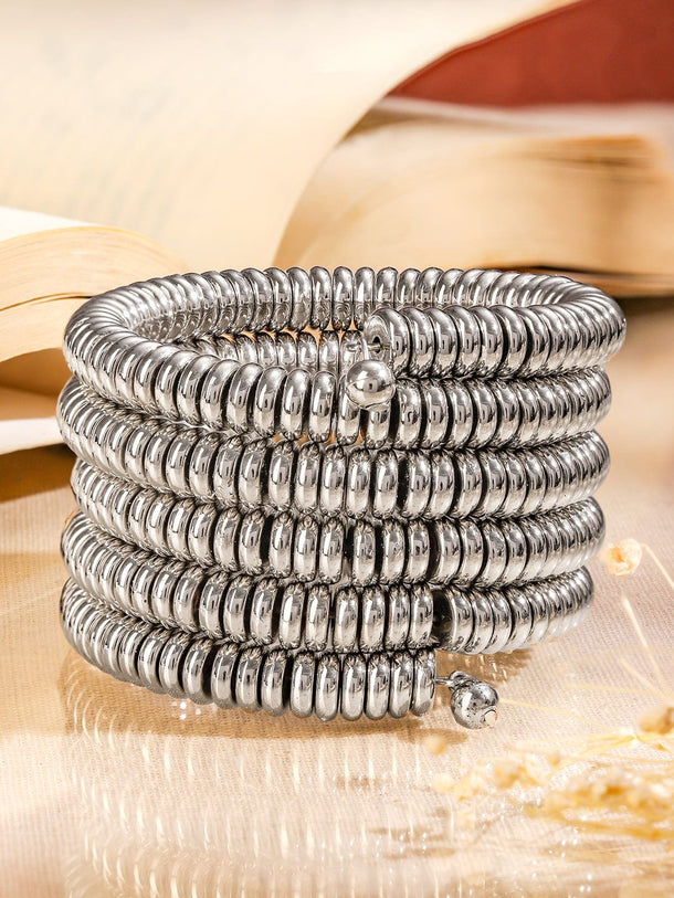 Rubans Silver-Plated Glossy Silver Beaded Multi-Layered Coiled Bracelet for Women Wristwear
