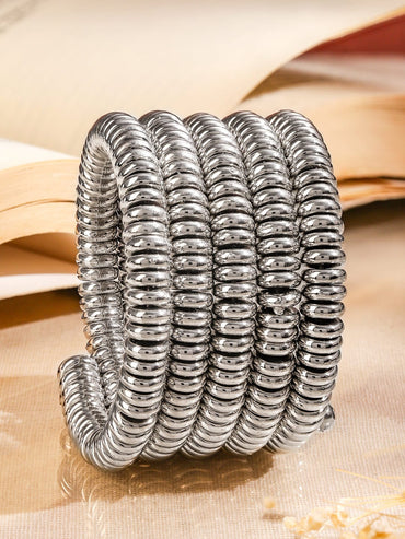 Rubans Silver-Plated Glossy Silver Beaded Multi-Layered Coiled Bracelet for Women Wristwear