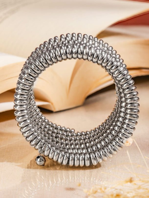 Rubans Silver-Plated Glossy Silver Beaded Multi-Layered Coiled Bracelet for Women Wristwear