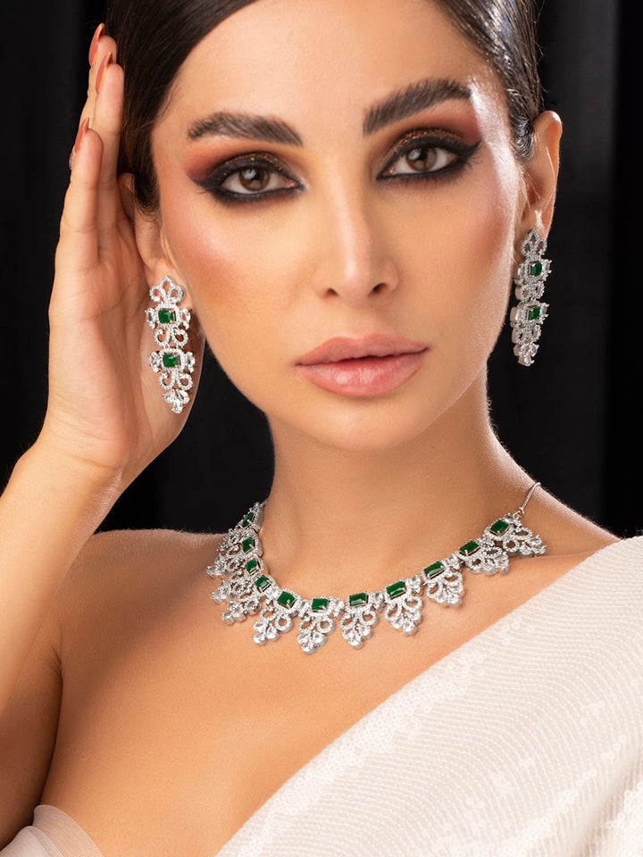 Rubans Silver Plated Green Emerald AD Studded Necklace Set. Necklace Set