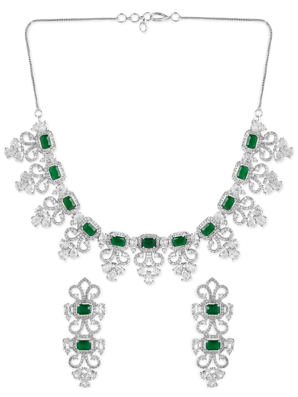 Rubans Silver Plated Green Emerald AD Studded Necklace Set. Necklace Set