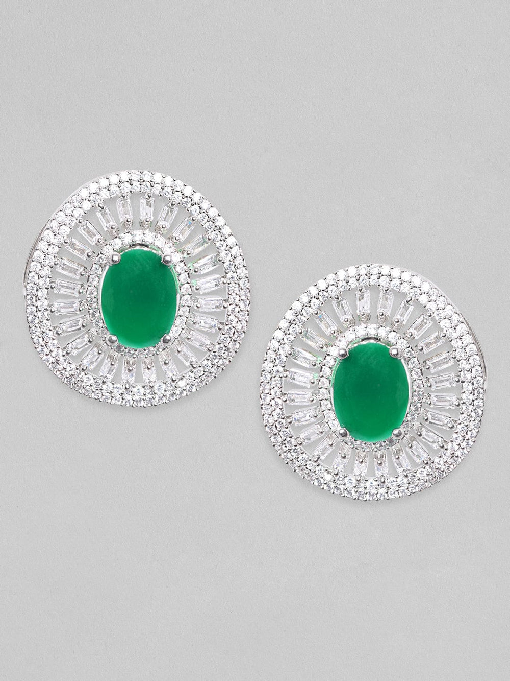 Rubans Silver-Plated & Green Stone Classic Stud Earrings Earrings