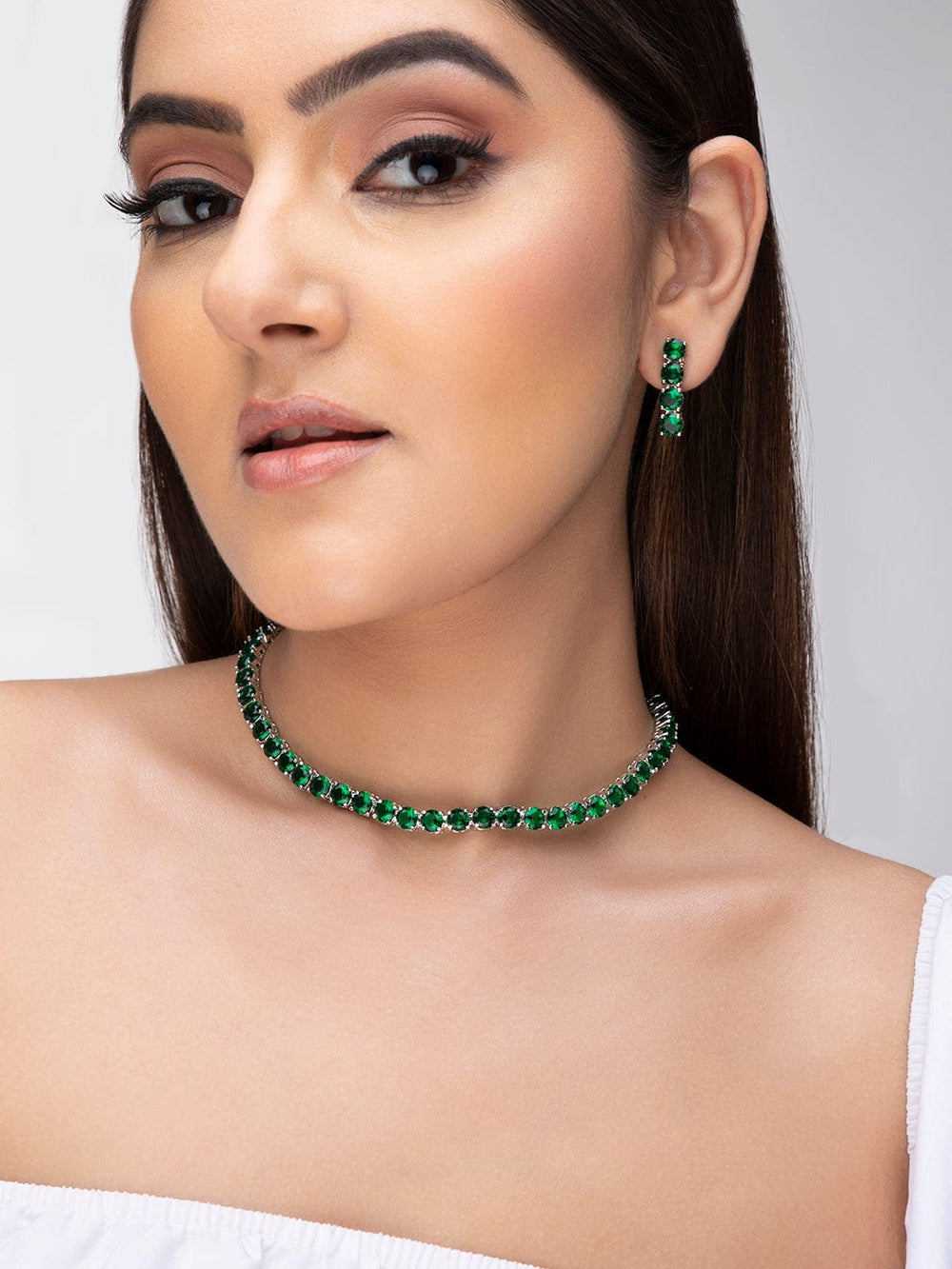 Rubans Silver-Plated & Green Stone-Studded Jewellery Set Necklaces, Necklace Sets, Chains & Mangalsutra