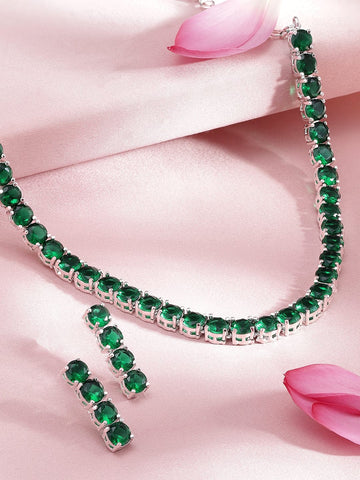 Rubans Silver-Plated & Green Stone-Studded Jewellery Set Necklaces, Necklace Sets, Chains & Mangalsutra