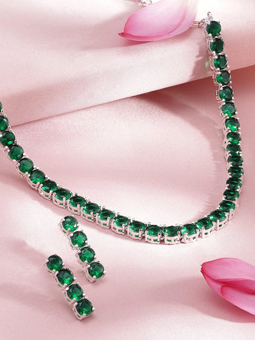 Rubans Silver-Plated & Green Stone-Studded Jewellery Set Necklaces, Necklace Sets, Chains & Mangalsutra