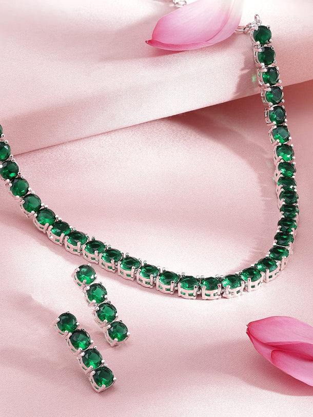 Rubans Silver-Plated & Green Stone-Studded Jewellery Set Necklaces, Necklace Sets, Chains & Mangalsutra