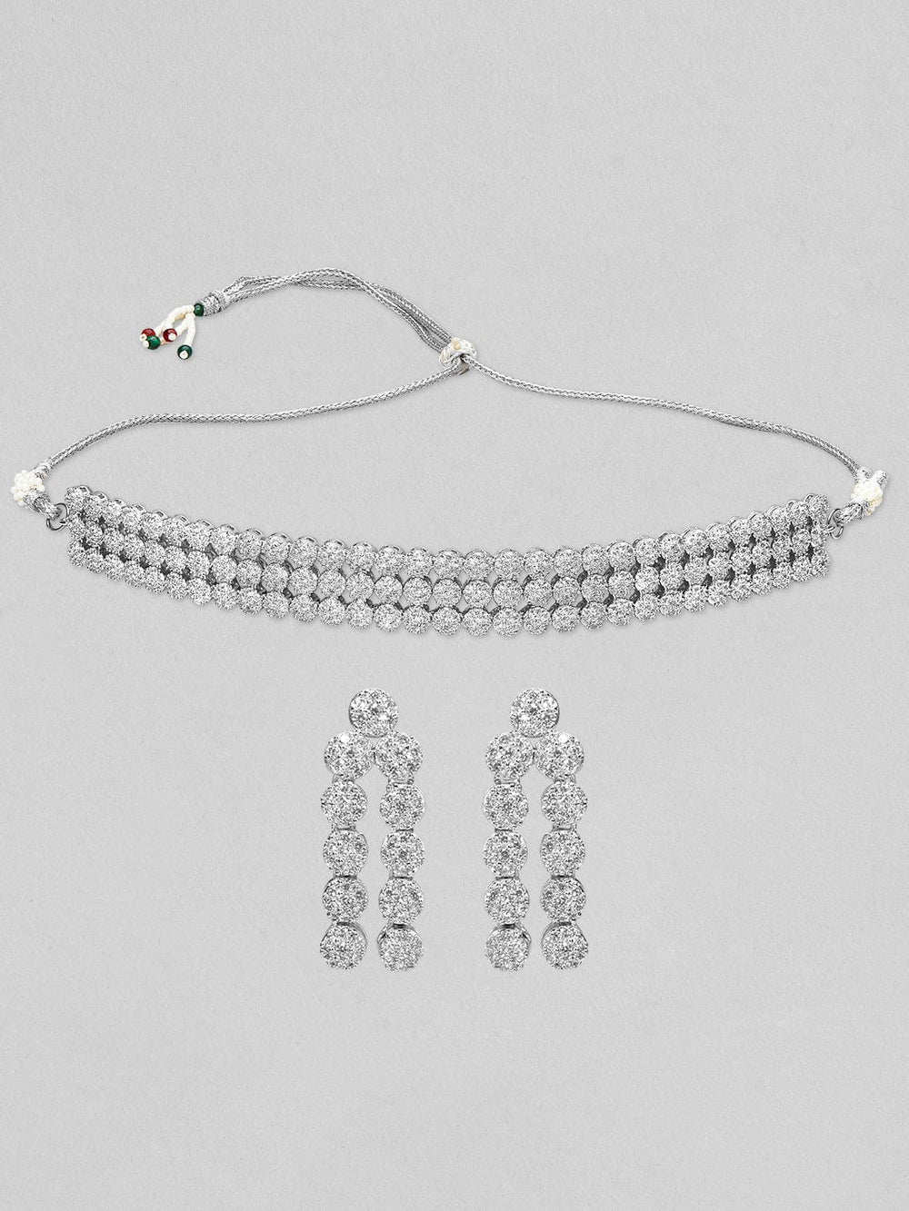 Rubans Silver-Plated Handcrafted AD Studded Choker Jewellery Set Necklace Set