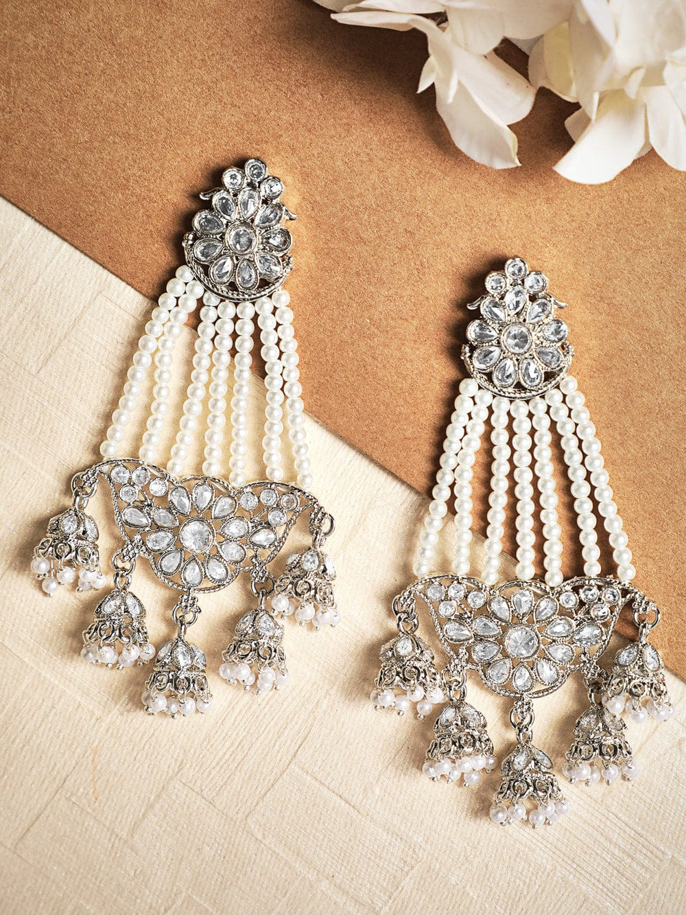 Rubans Silver Plated Handcrafted AD Studded & White Beads Multi Jhumka Earrings Earrings