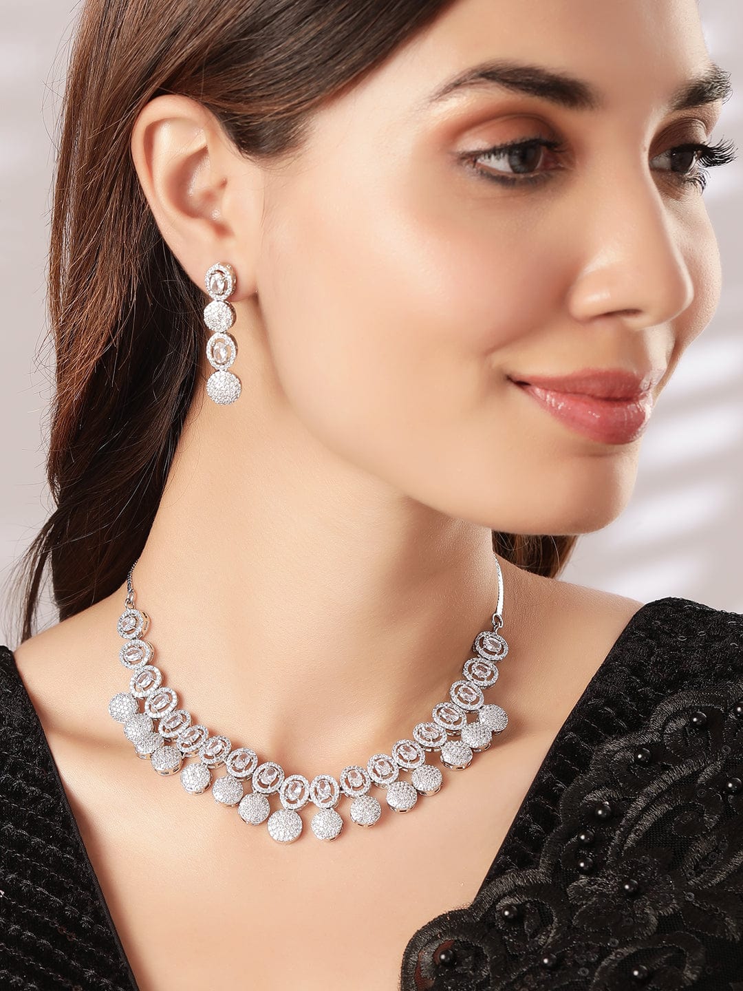 Rubans Silver Plated Handcrafted Enchanting CZ Studded Necklace Set Necklaces, Necklace Sets, Chains & Mangalsutra