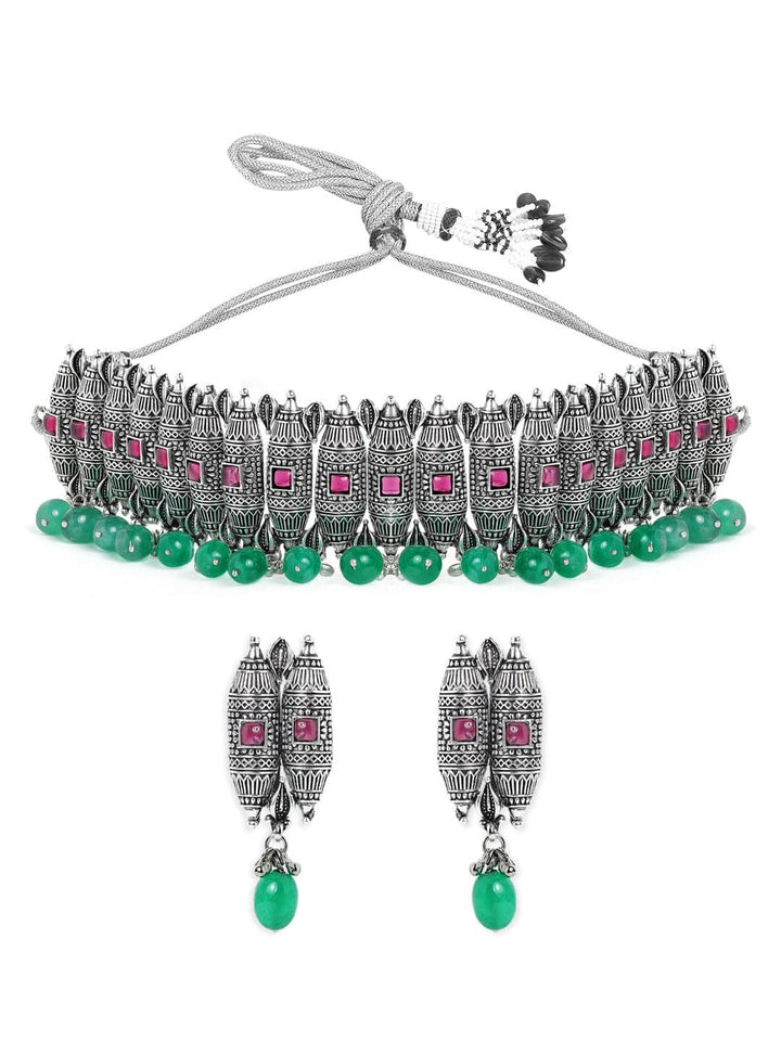 Rubans Silver Plated Handcrafted Green Beads Choker Set Necklace Set