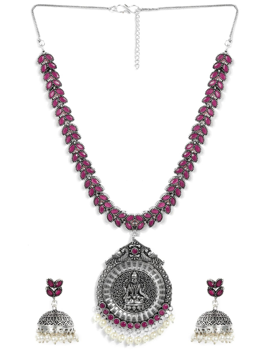 Rubans Silver Plated Handcrafted Oxidised Faux Ruby with Devine Lakshmi Necklace Set Necklace Set